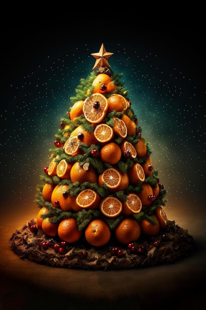 Árvore de natal feita de tangerinas em fundo preto feliz natal e feliz ano novo conceito