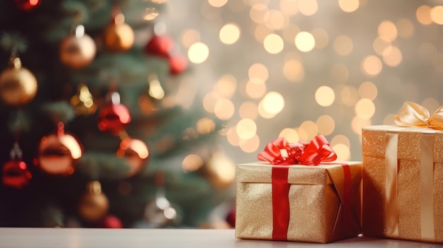 Árvore de Natal festiva com caixas de presente e luzes bokeh copiam espaço