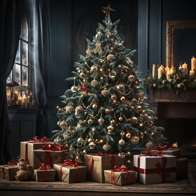 Árvore de Natal festiva com presentes debaixo dela