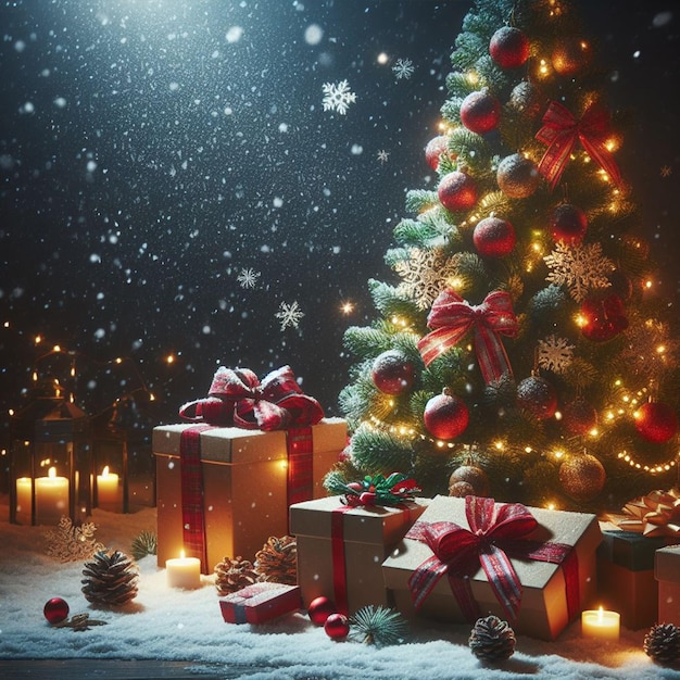 Árvore de Natal grátis com caixas de presentes em um fundo de área nevada e escura