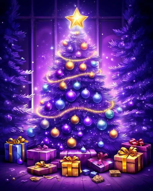 Árvore de Natal luzes amarelas brilhantes névoa lila e caixas de presentes brilhantes