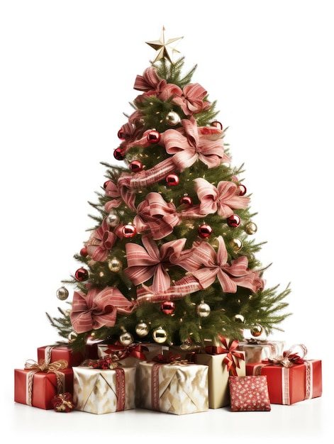 Árvore de Natal mágica com caixas de presentes e decoração isoladas em fundo branco