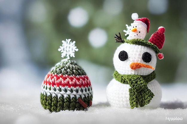 Árvore de Natal mais fofa e boneco de neve na floresta com neve. Estilo de crochê com lã