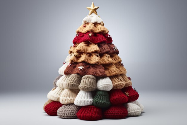Árvore de Natal multicolor de tricô criativa em um fundo cinzento