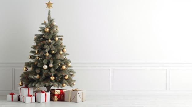 Árvore de Natal na sala de estar em uma parede branca clara e vazia com espaço de cópia