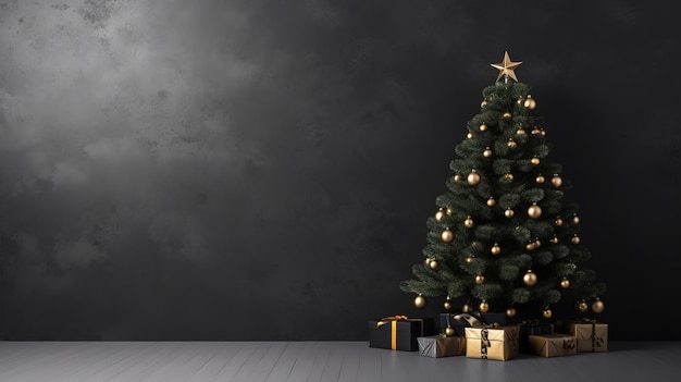 Árvore de Natal na sala Árvore festiva decorada em um interior preto minimalista e escuro
