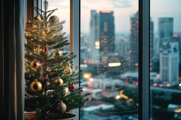 Árvore de Natal perto da janela de vidro do apartamento com vista para a vista da cidade Generative Ai