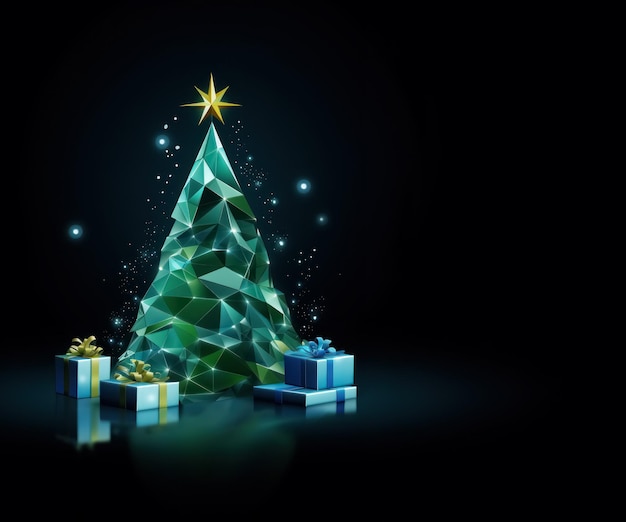 Árvore de Natal poligonal criativa com presentes em fundo preto com espaço de cópia IA generativa