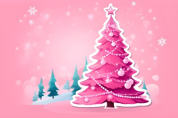 Árvore de Natal rosa decorada com guirlandas e balões no estilo de ilustração de desenho animado fundo bokeh Ilustração plana gerada AI