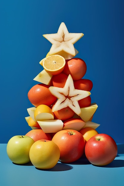 Árvore de Natal saborosa uma pilha de frutas com uma estrela no topo Generative AI