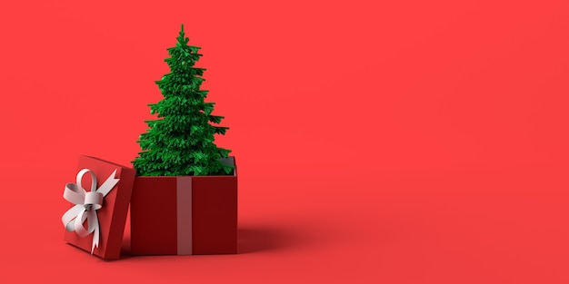 Árvore de Natal saindo da caixa de presente. Copie o espaço. Ilustração 3D.