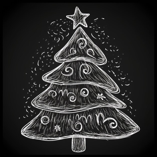 Árvore de Natal Sketch Icon desenhado à mão árvore de Natal Doodle em pano de fundo preto Ano Novo