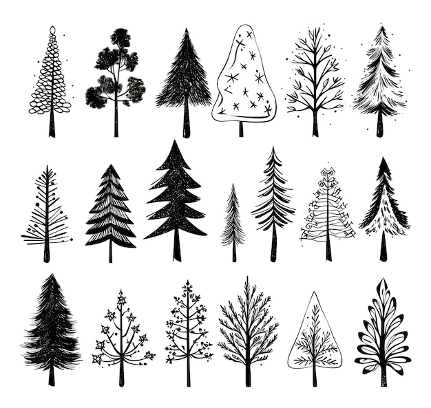 Árvore de Natal Sketched Icon Set Hand Drawn Xmas Tree Doodle Sketch Collection Ano Novo Scribble Fir Symbol Sign Silhouette Isolado Generative AI Ilustração