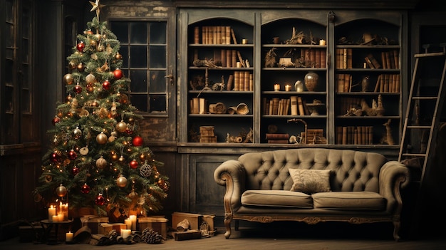 Árvore de Natal vintage decorada no quarto