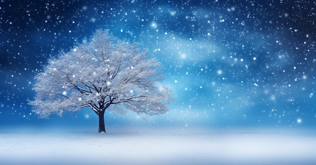 Árvore de neve em um campo com céu azul e neve generativa ai