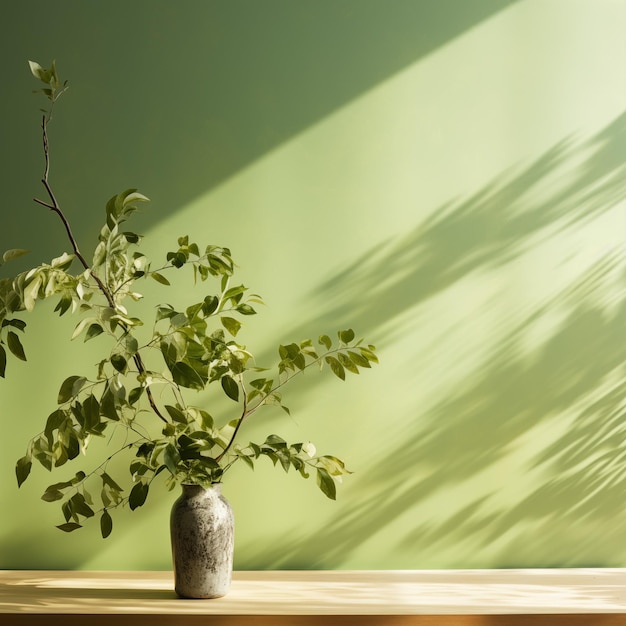 Árvore de ramo verde com sombra em fundo de parede verde com espaço de cópia