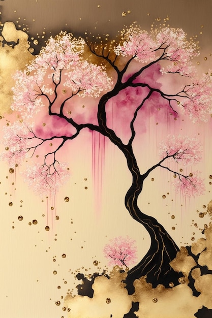 Árvore de sakura em flor com pétalas caindo rosa pastel e cores douradas ilustração técnica de tinta aquarela de álcool
