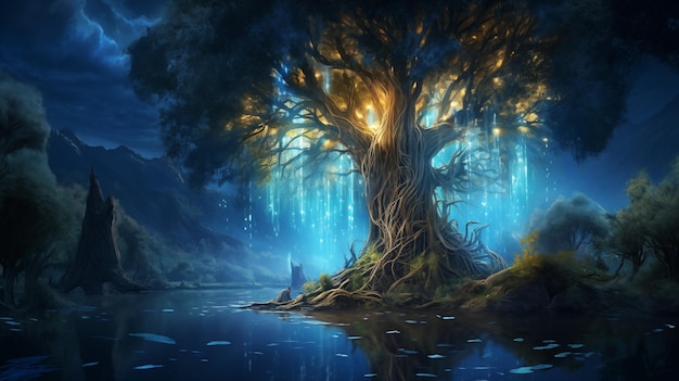 Árvore de salgueiro de fada mágica com luzes brilhantes na floresta mística