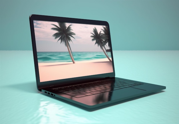 Árvore de verão palma tropical conceito praia computador laptop férias viagem Generative AI