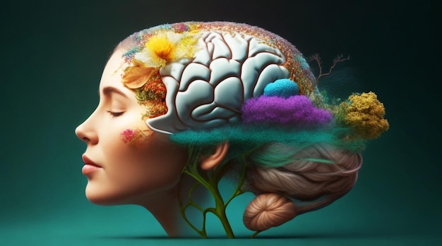 Árvore do cérebro da mulher e autocuidado e conceito de saúde mental pensamento positivo
