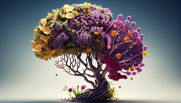 Árvore do cérebro humano com autocuidado de flores e conceito de saúde mental AI generativa