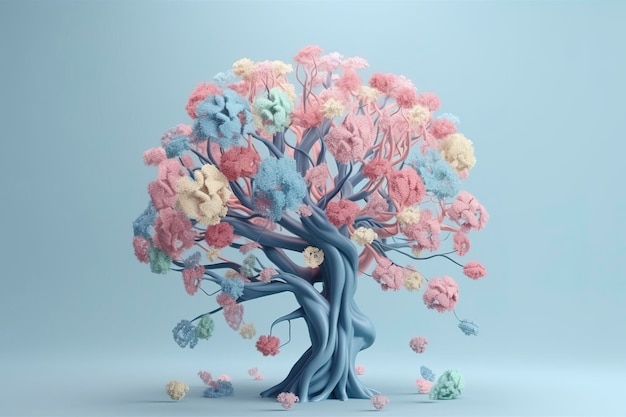 Árvore do cérebro humano com flores autocuidado e conceito de saúde mental pensamento positivo mente criativa IA generativa