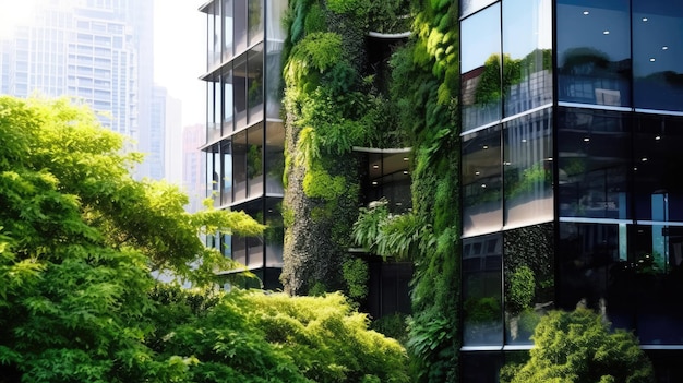 Árvore e edifício ecológico com jardim vertical na cidade moderna Floresta de árvores verdes em edifício de vidro sustentável