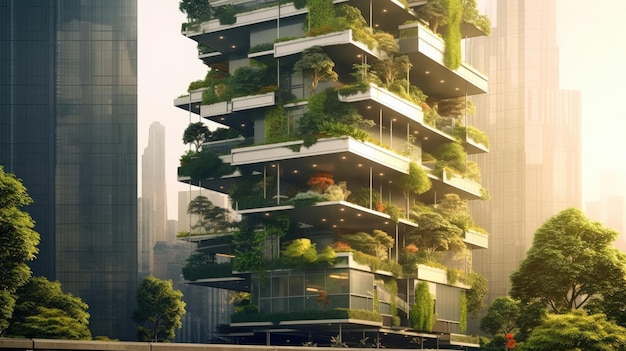 Árvore e edifício ecológico com jardim vertical na cidade moderna Floresta de árvores verdes em edifício de vidro sustentável