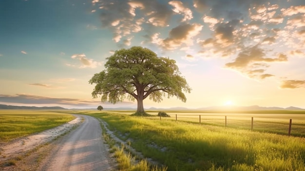 Árvore em campo verde Bela paisagem de primavera