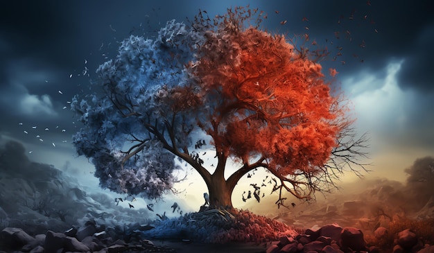 Árvore em clima quente e frio em AI vermelho e azul gerada
