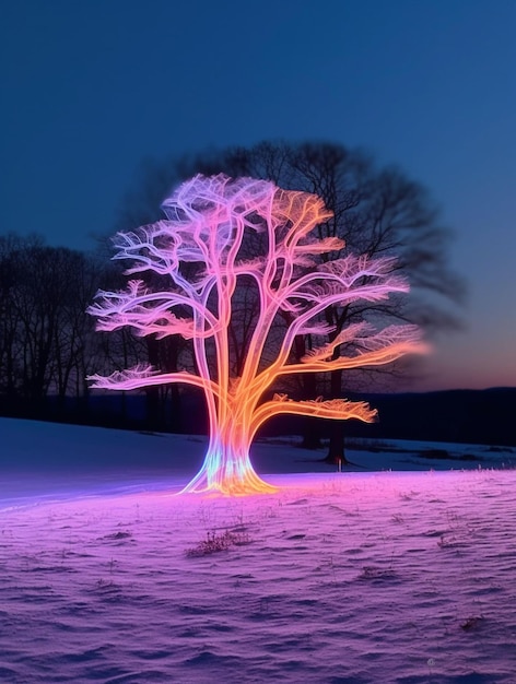 Árvore em forma no meio de uma paisagem de neve feita de luz neon Population Day generative ai