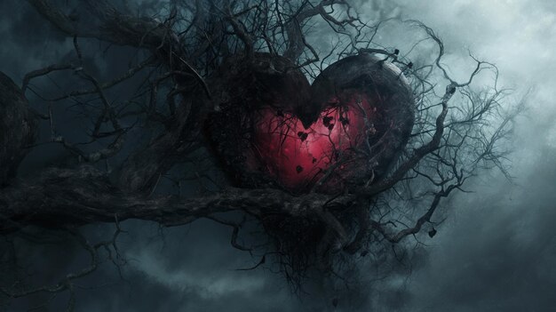 Árvore encantada em forma de coração brilhante com flores numa floresta mística flutuando corações vermelhos e névoa etérea