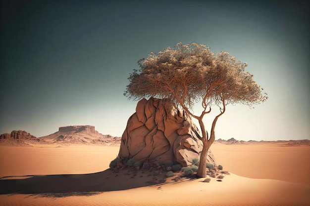 Árvore fina e solitária se escondendo do deserto pernicioso na sombra da rocha