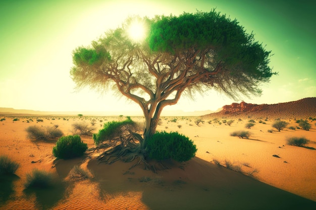 Árvore fresca verde e extensa no deserto iluminada pela luz solar