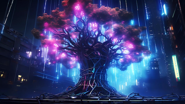 Árvore futurista retro cyberpunk com luzes de néon