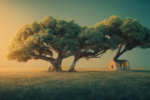 Árvore gigantesca com casa dentro da ilustração raster de renderização 3D