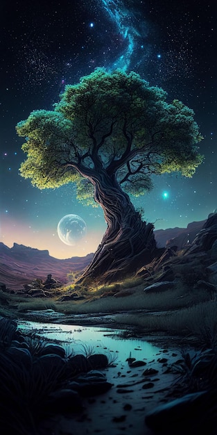 Árvore grande brilhando colorida do céu noturno e fundo estrela Criado com tecnologia Generative AI