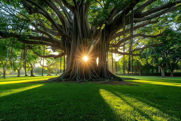 Árvore grande no parque público com luz solar e fundo de grama verde