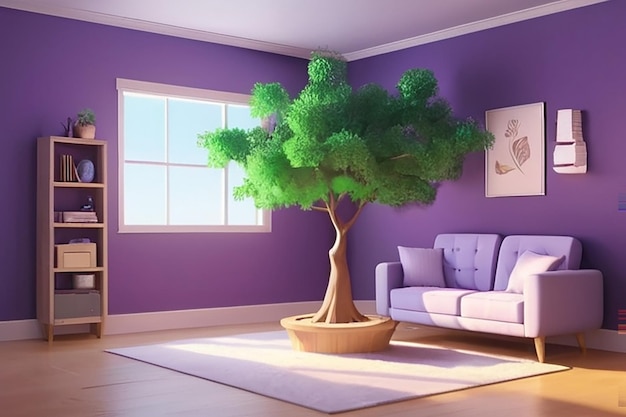 Árvore interior na sala em imagem renderizada em 3D