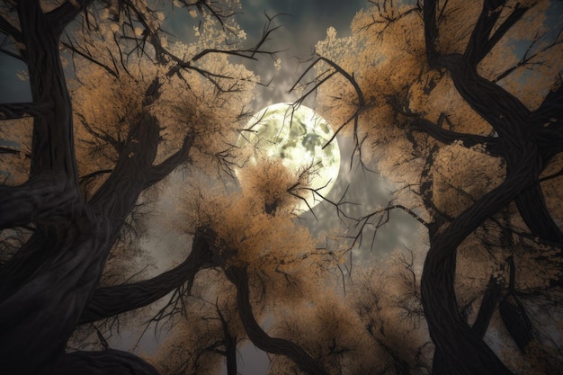 Árvore, lua cheia, névoa assustadora, natureza, gera Ai.