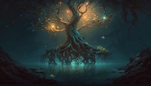 Árvore mágica flutuante na floresta serena