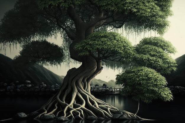 Árvore majestosa com brotos de bambu caídos ao fundo