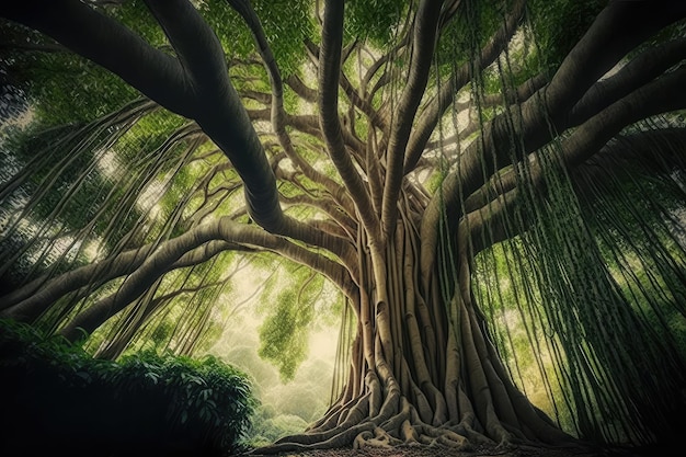 Árvore majestosa com copa espessa e troncos de floresta de bambu