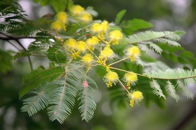 Árvore mimosa em plena floração com flores delicadas e folhagens visíveis