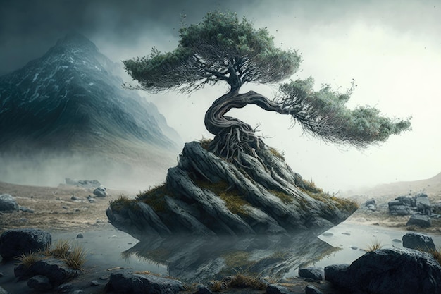 Árvore Myste crescendo na paisagem montanhosa enevoada