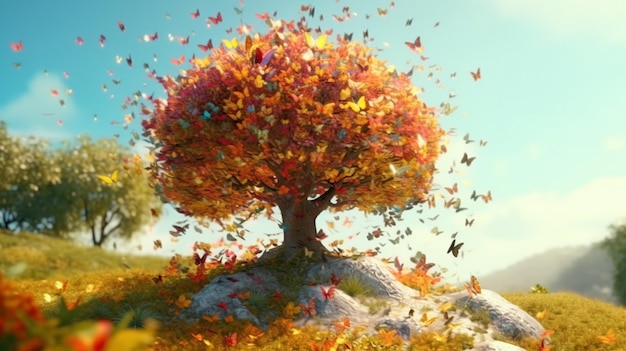 Árvore na colina lindas borboletas atraem as folhas da árvore Arte gerada por IA 01