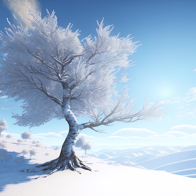 Árvore na geada e paisagem na neve contra o azul