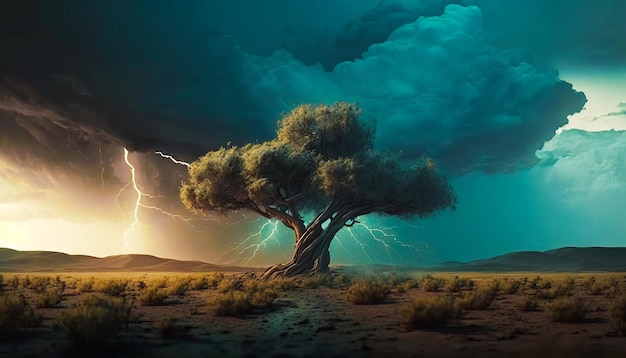 Árvore no meio do deserto com iluminação Generative AI