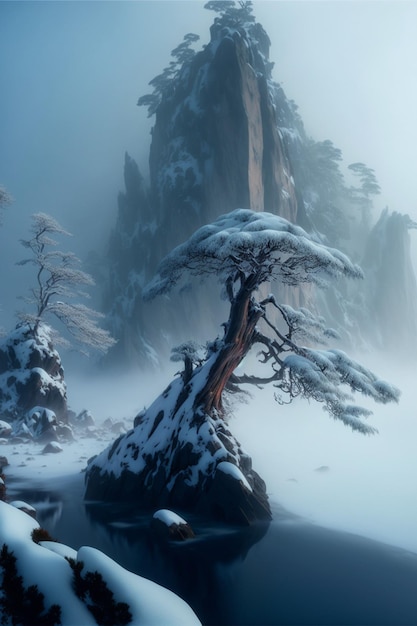 Árvore pequena que senta-se em cima de um ai generativo coberto de neve da rocha