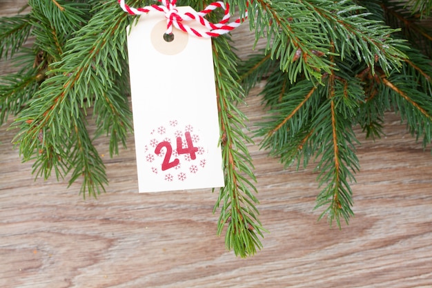 Árvore perene e etiqueta de natal para 24 de dezembro